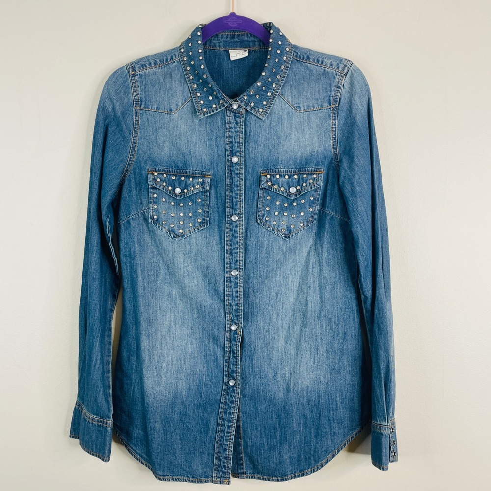 Litz Pearl Snap Rhinestone Denim Shirt Womens Medium Cowgirl Rodeo Western Chic